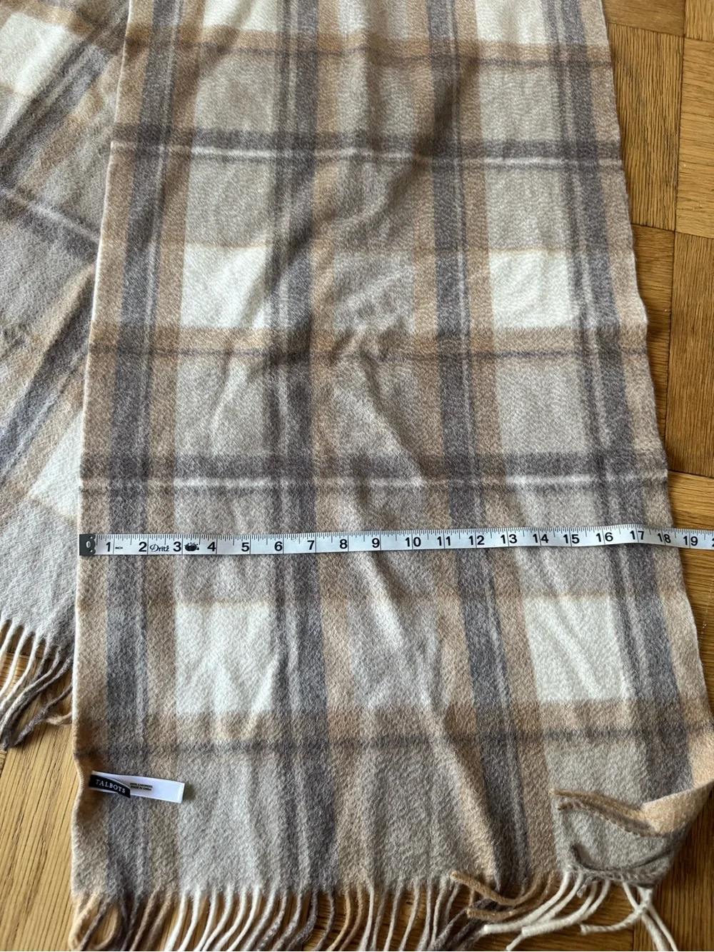 Talbots Cashmere Scarf Wide Fringe Wrap Plaid Cream Brown Tan Neutral